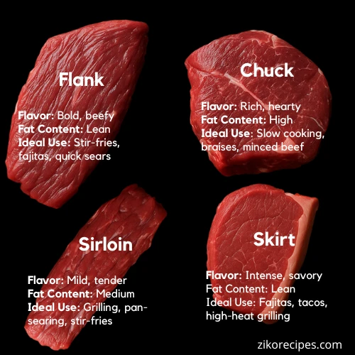 Overhead shot of four raw beef cuts — flank, chuck, sirloin, and skirt, on a wooden butcher’s board, each labeled with its name.