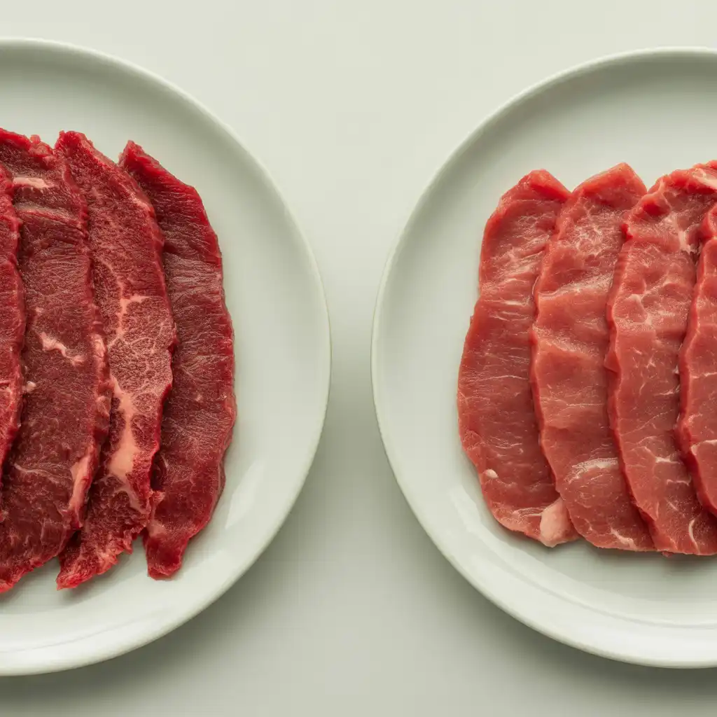 Side-by-side comparison of raw beef slices and velveted beef slices, showing the change in color and smooth surface texture after tenderizing.