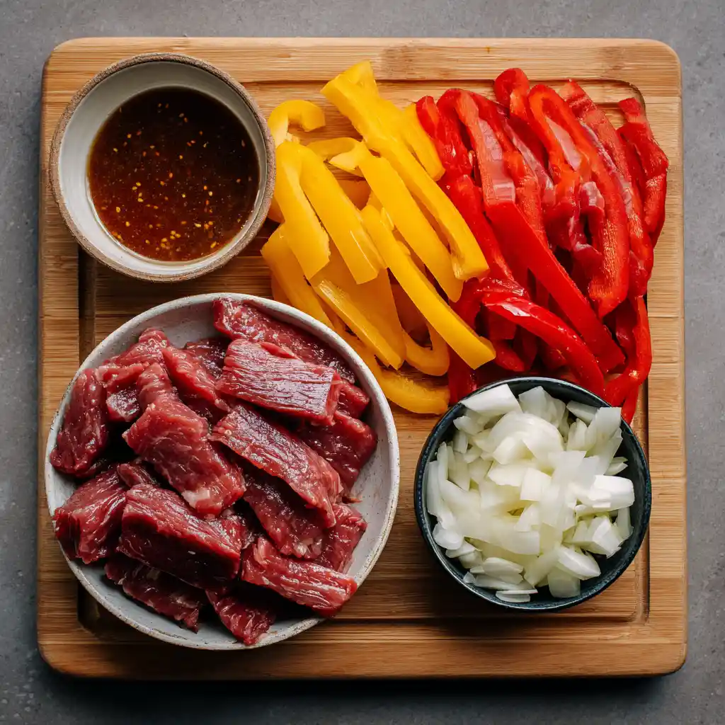 Overhead flat-lay of sliced flank steak, chopped onions, red and yellow bell peppers, and Beijing Beef sauce on a cutting board