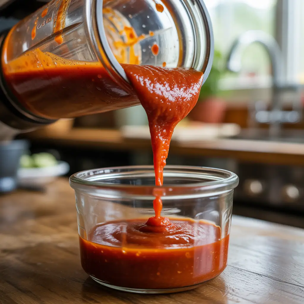 Blending Mexican hot sauce until smooth and pourable.