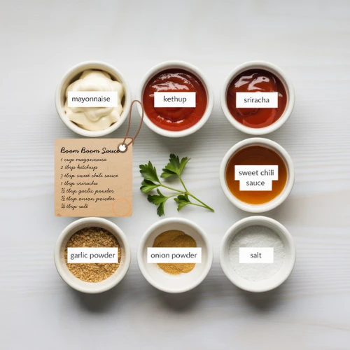 Flat lay of boom boom sauce ingredients in small bowls including mayonnaise, ketchup, sriracha, and spices.