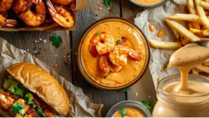 Featured flat lay of boom boom sauce with fries, shrimp, and chicken sandwich on a rustic wooden background