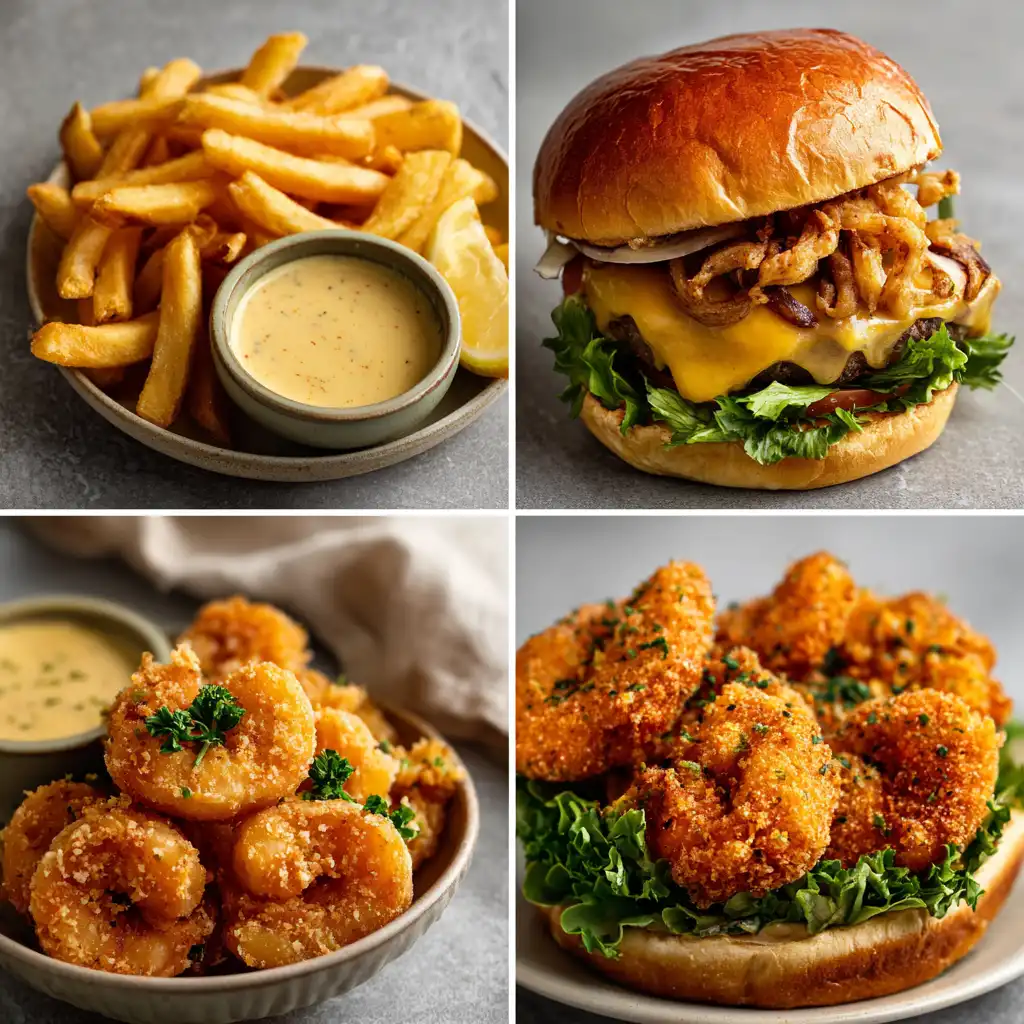 Collage showing fries, shrimp, and a chicken sandwich served with creamy Boom Boom Sauce.
