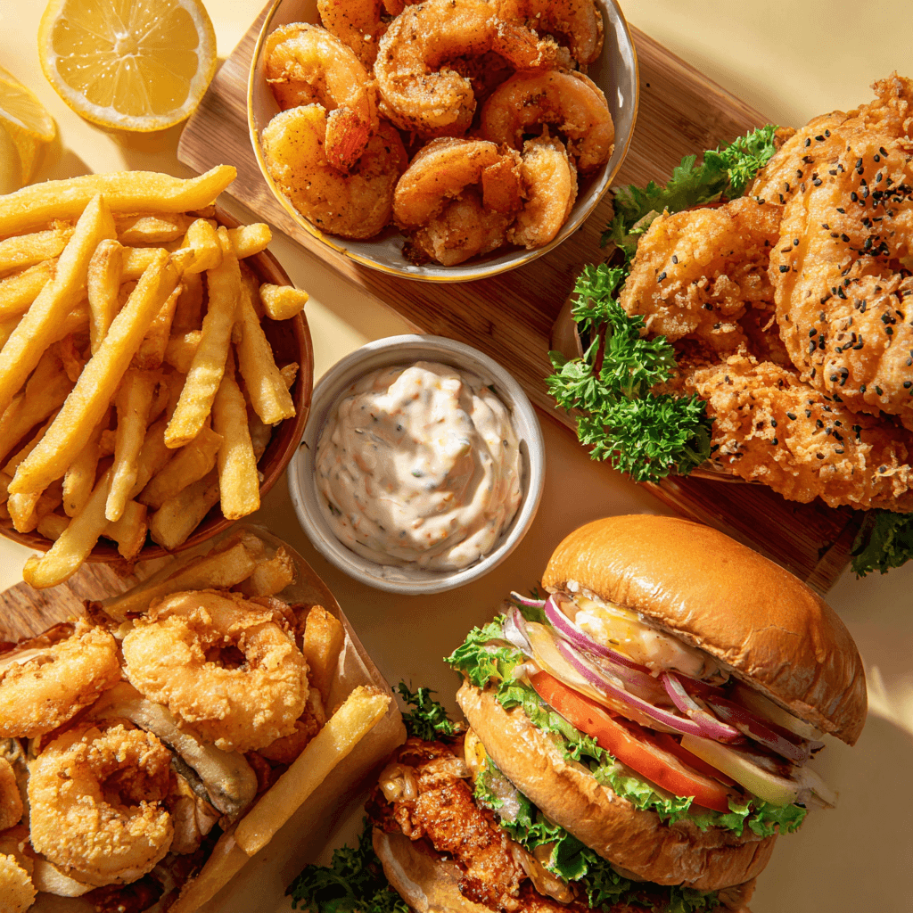 Collage showing fries, shrimp, and a chicken sandwich served with creamy Boom Boom Sauce.