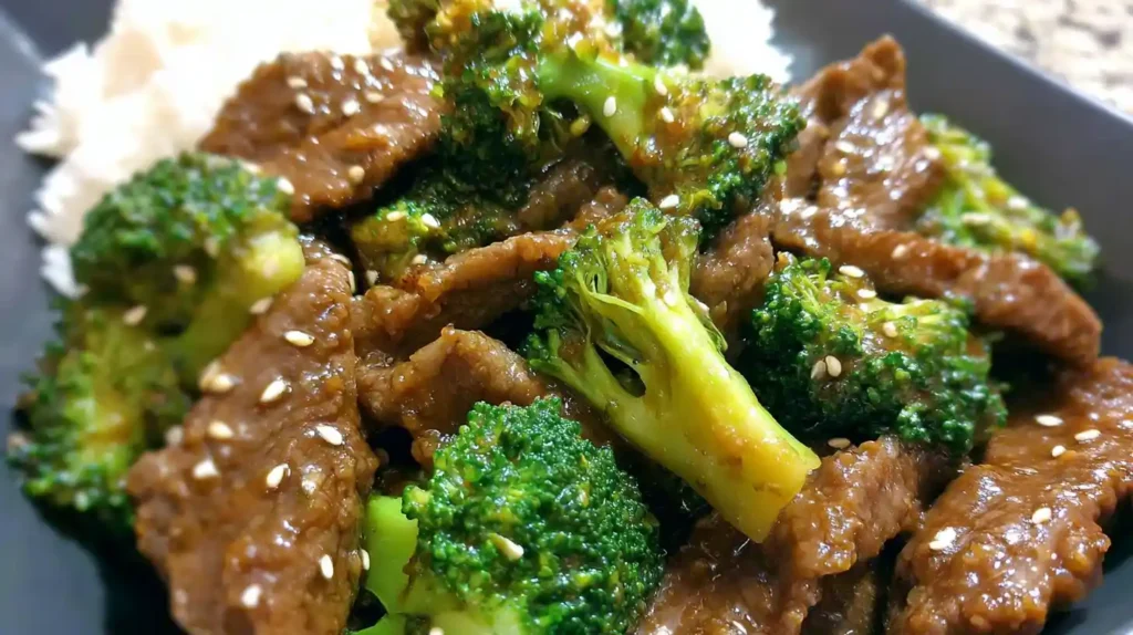 Overhead view of homemade Panda Express broccoli beef