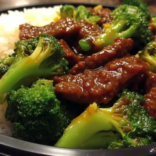 Overhead view of homemade Panda Express broccoli beef served next to steamed white rice on a shallow plate