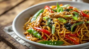 Bowl of chicken lo mein with vegetables, noodles, and sesame garnish on a rustic table