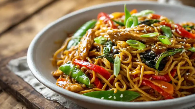 Bowl of chicken lo mein with vegetables, noodles, and sesame garnish on a rustic table