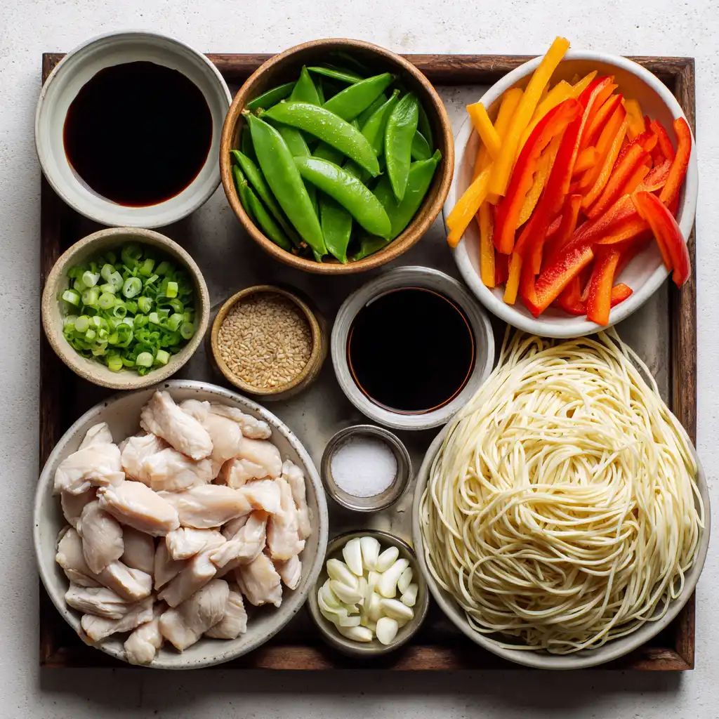 Flat-lay of ingredients including noodles, sliced chicken, vegetables, and sauces arranged neatly on a tray