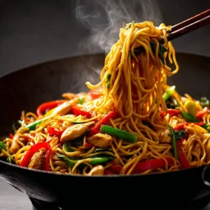 Chicken lo mein being tossed in a hot wok with vegetables and sauce, showing motion and steam