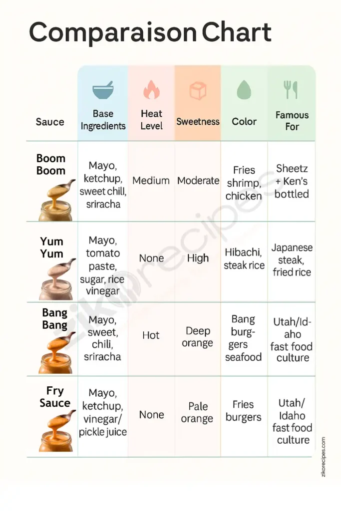 Comparison infographic showing Boom Boom, Yum Yum, Bang Bang, and Fry Sauce with ingredients, heat, sweetness, color, and uses.