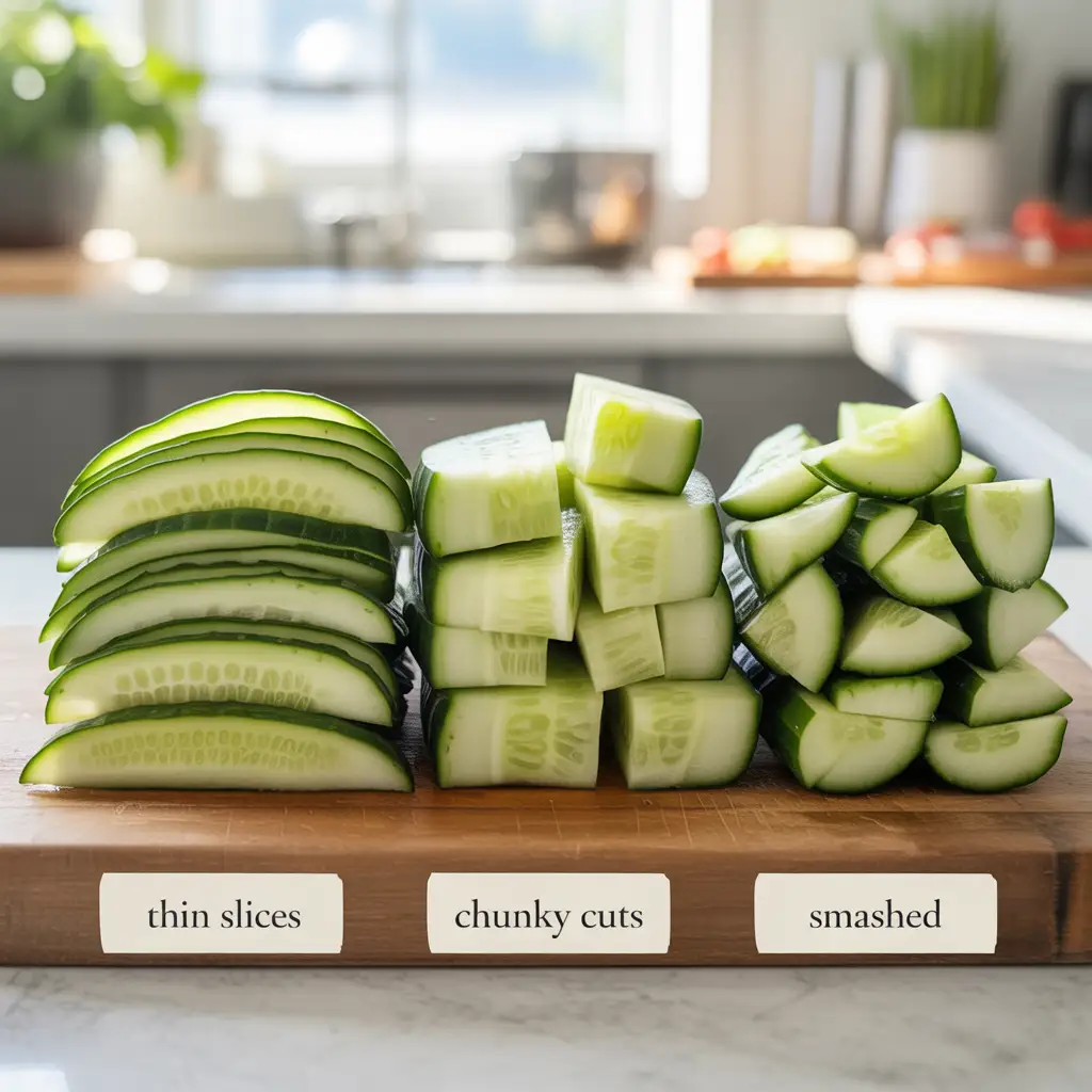 Close-up photo showing cucumber slices in three styles: thin rounds, thicker chunky cuts, and smashed pieces with jagged edges, for different textures in Asian cucumber salad.