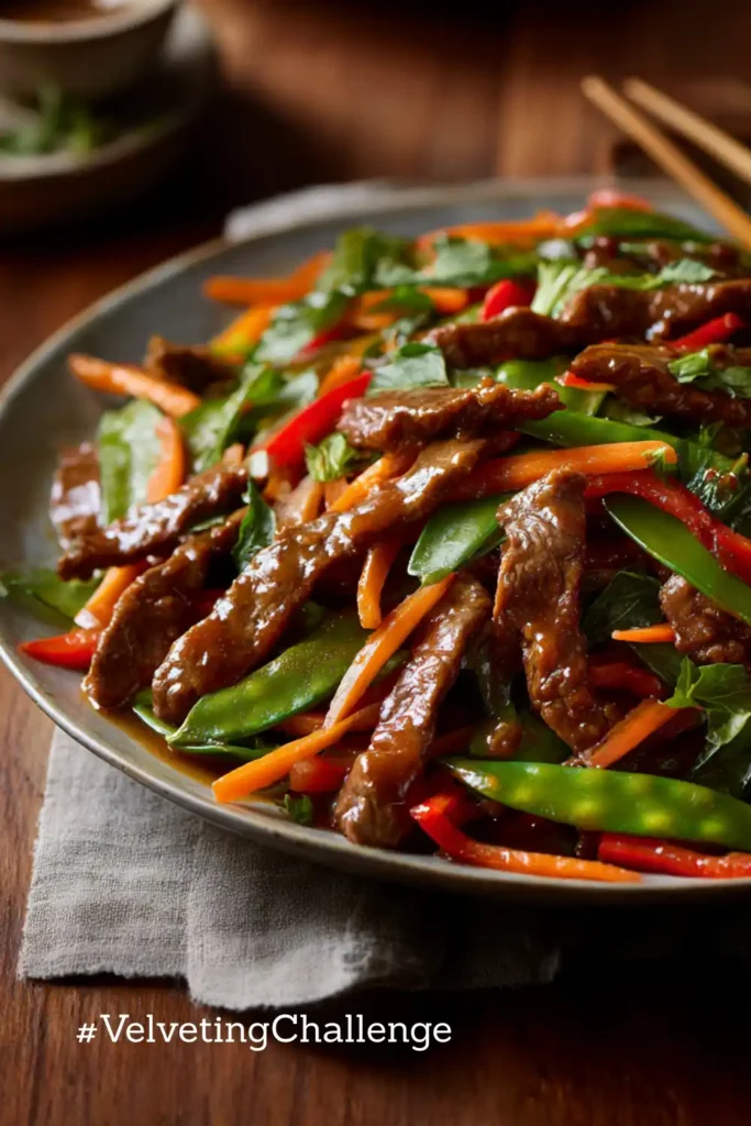 Warm, inviting family-style platter of velveted beef stir-fry with colorful vegetables, chopsticks, and “#VelvetingChallenge” text overlay.