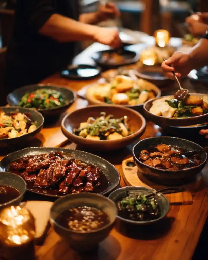 Family enjoying dishes made with hoisin sauce at the table.