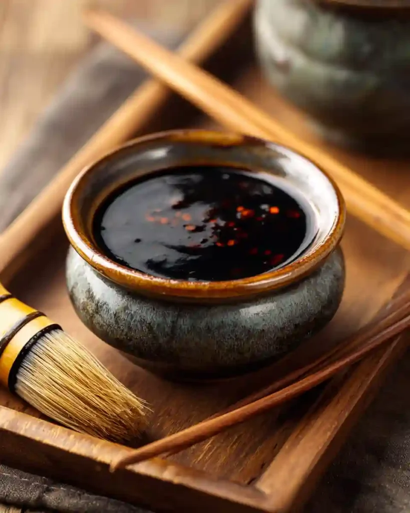 Homemade Chinese barbecue sauce in a jar with basting brush.
