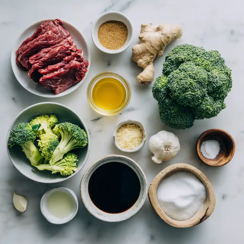 Top-down view of raw ingredients arranged for broccoli beef recipe, each labeled clearly on a white background
