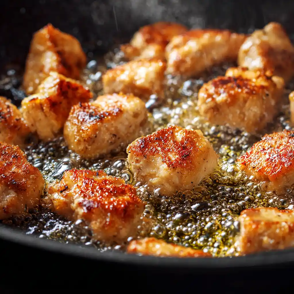 Cubes of chicken breast frying golden brown in a skillet