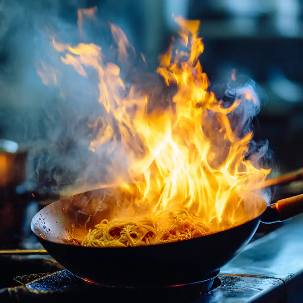 Close-up of wok flare with flames surrounding the pan during high-heat
stir-fry