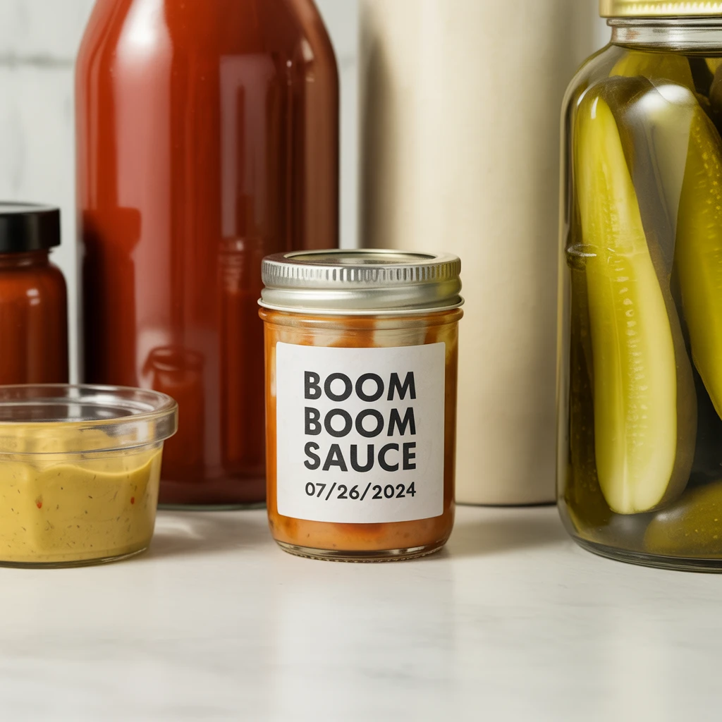 A small jar of homemade Boom Boom Sauce with a handwritten date label stored in the fridge.