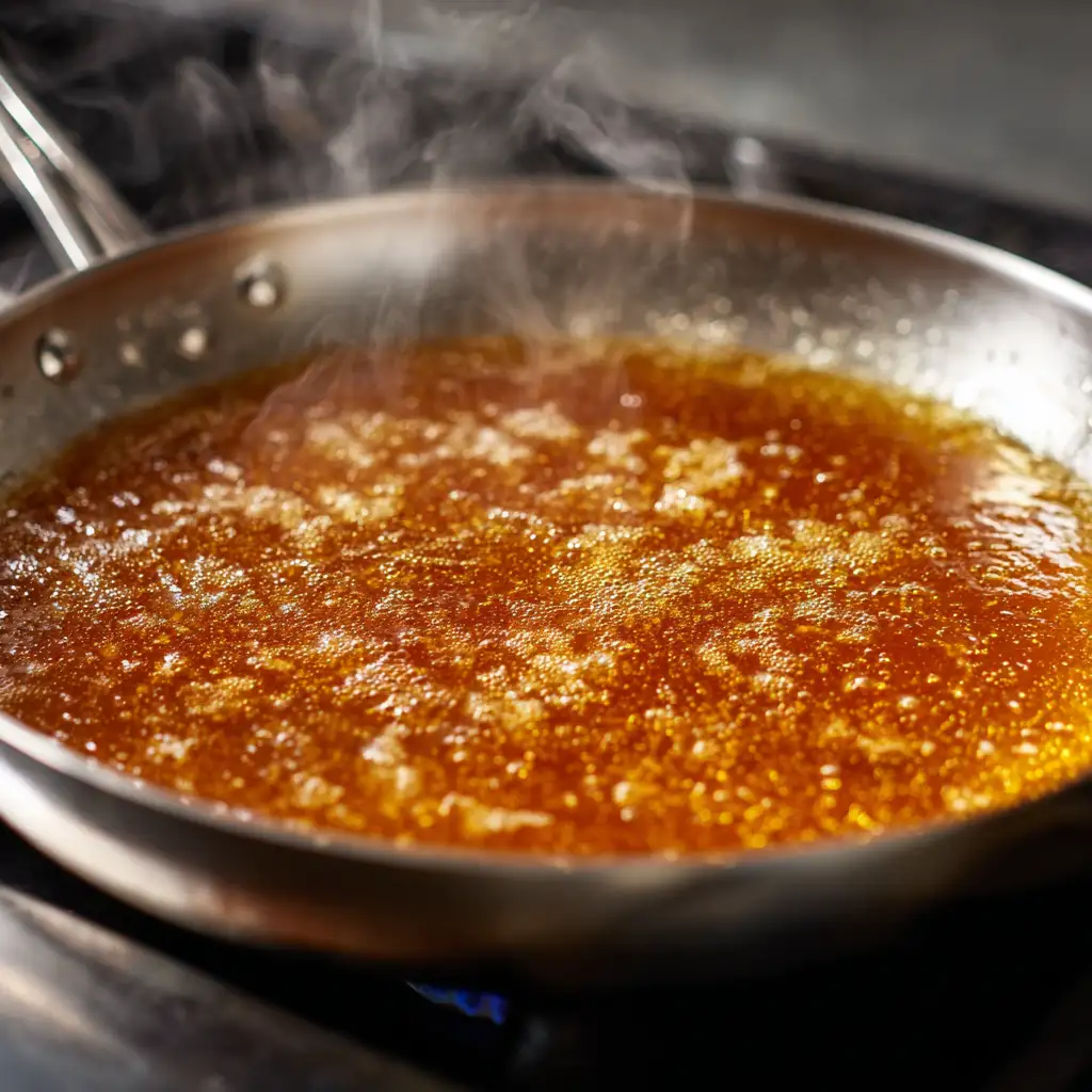 Honey garlic glaze bubbling and thickening in skillet
