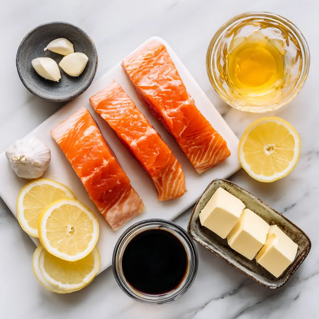 Salmon, honey, garlic, soy sauce, butter, and lemon arranged in bowls