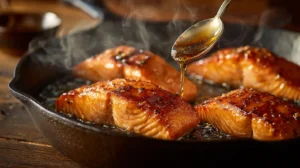 Honey garlic glazed salmon fillets with glossy glaze in skillet.
