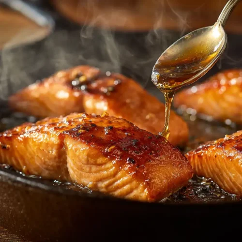 Honey garlic glazed salmon fillets with glossy glaze in skillet.