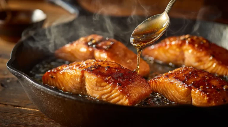 Honey garlic glazed salmon fillets with glossy glaze in skillet.