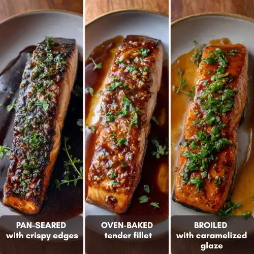 Honey garlic glazed salmon cooked pan-seared, baked, and broiled.
