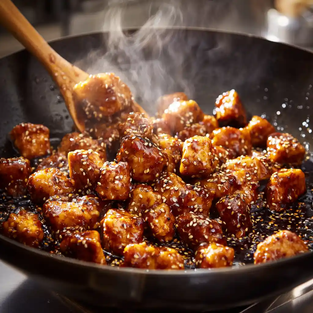 Crispy chicken tossed in glossy honey sesame sauce in a wok