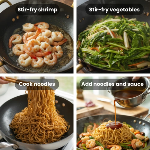 Process collage of shrimp, vegetables, noodles, and sauce cooking in a wok.