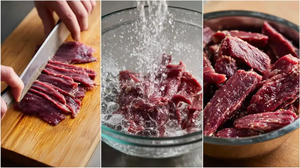Three-step visual showing how to slice, tenderize with baking soda, and rinse flank steak for broccoli beef stir-fry