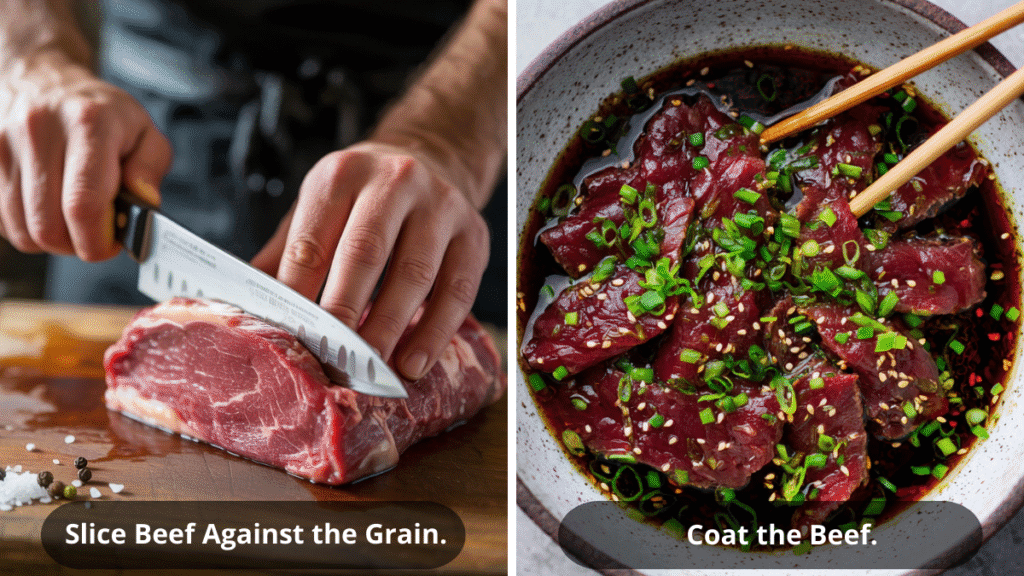 Side-by-side images showing the first two steps of velveting beef: slicing raw beef against the grain with a chef’s knife, and coating beef slices in a marinade with chopped green onions and sesame seeds.