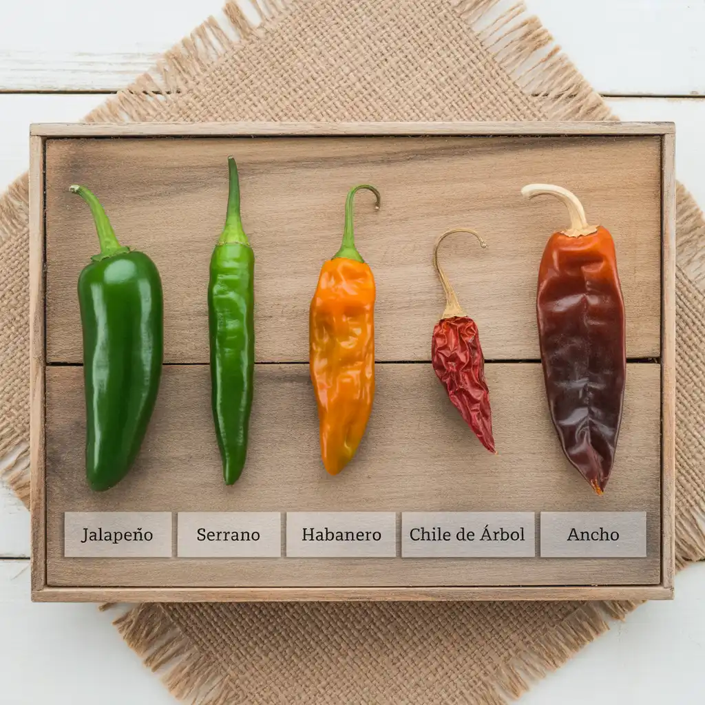 Infographic collage of common Mexican chiles labeled jalapeño, serrano, habanero, chile de árbol, and ancho with their heat levels.