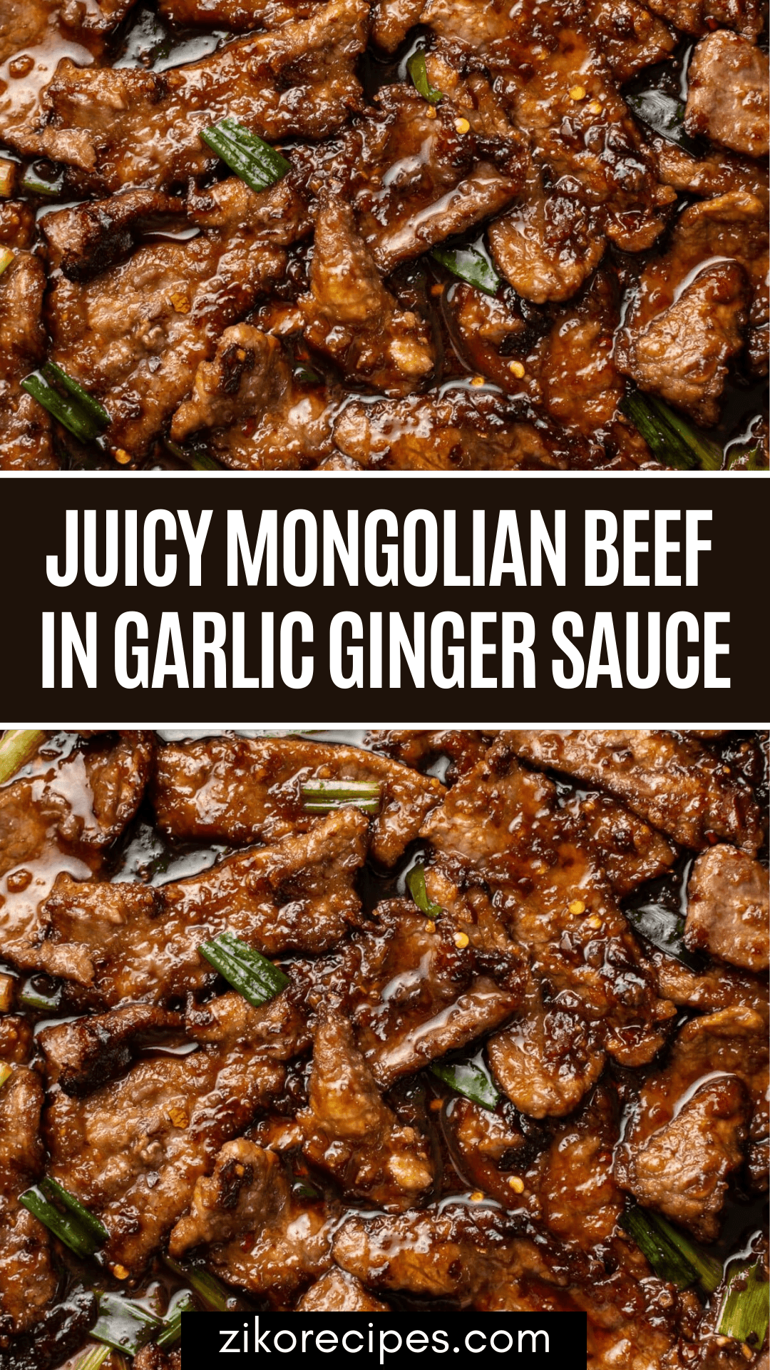 Close-up of Glossy Mongolian beef stir-fry with scallions and rising steam