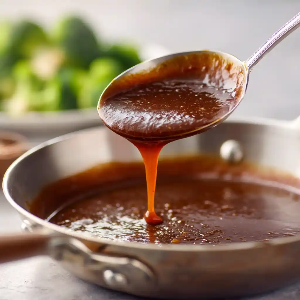 Glossy brown stir-fry sauce lifted in a ladle with ingredient call-outs labeled on the image