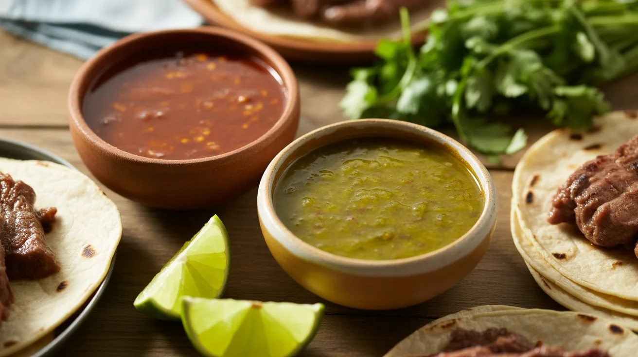 Authentic Mexican hot sauce recipes – salsa roja and salsa verde in bowls with tacos, lime, and cilantro.
