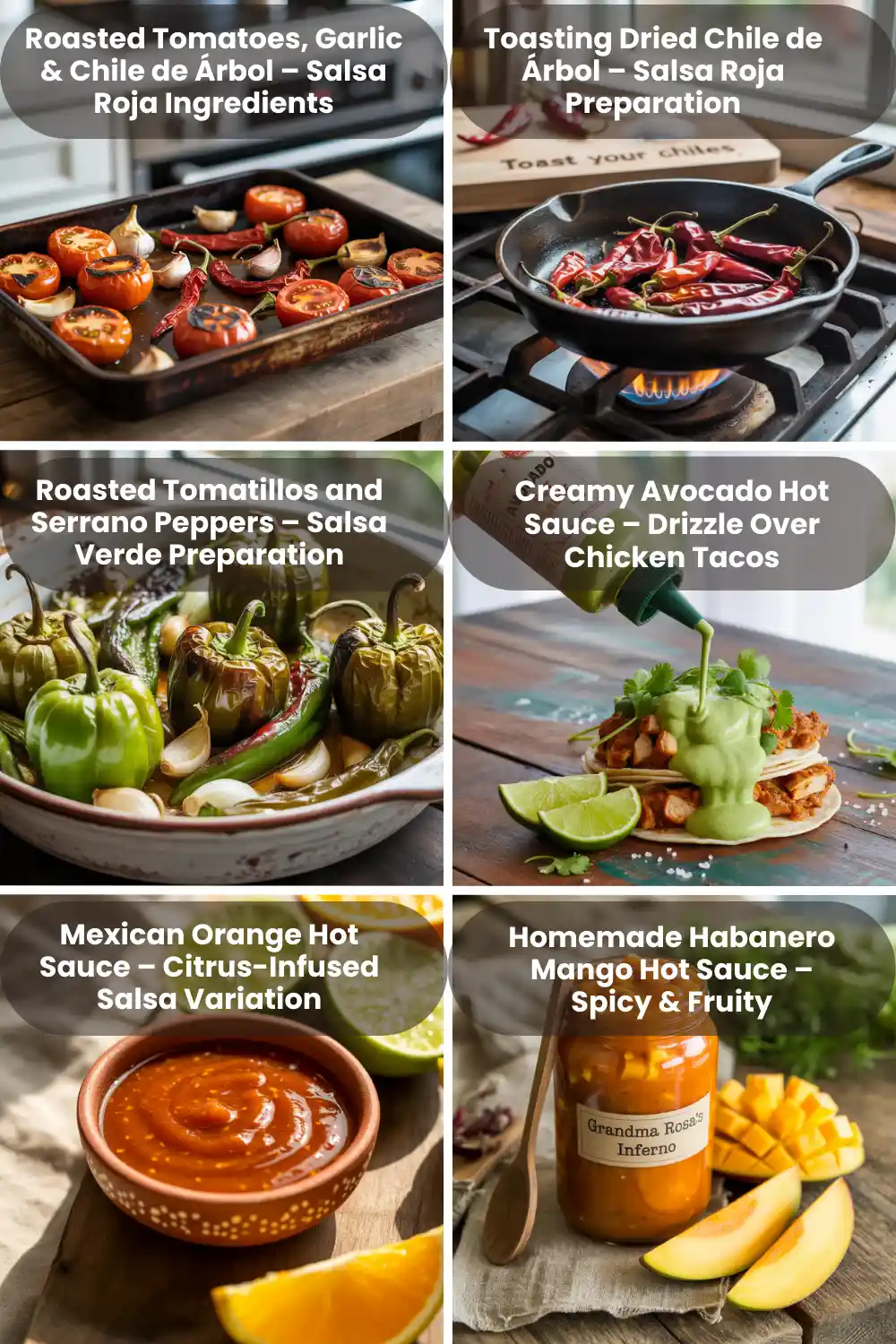 Collage of Mexican hot sauce recipes showing roasted tomatoes with chile de árbol, toasted dried chiles, roasted tomatillos and serranos, creamy avocado hot sauce on tacos, citrus-infused orange salsa, and homemade habanero mango hot sauce.