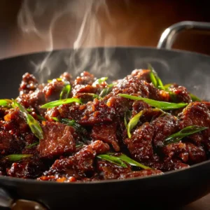 Glossy Mongolian beef stir-fry in a wok with scallions and rising steam