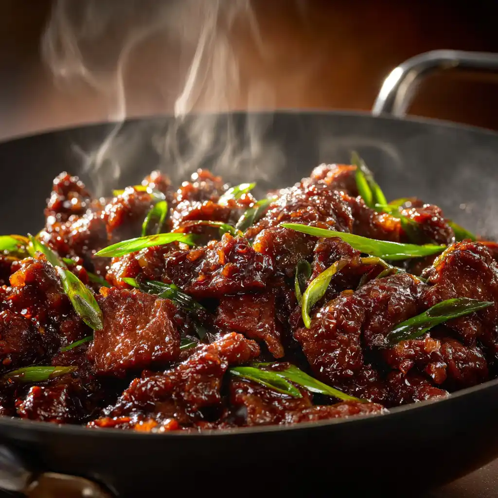 Glossy Mongolian beef stir-fry in a wok with scallions and rising steam