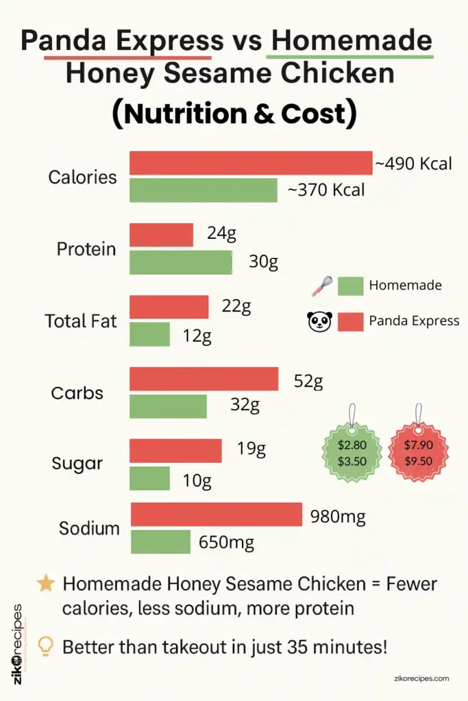 Bar chart comparing nutrition of Panda Express vs homemade honey sesame chicken