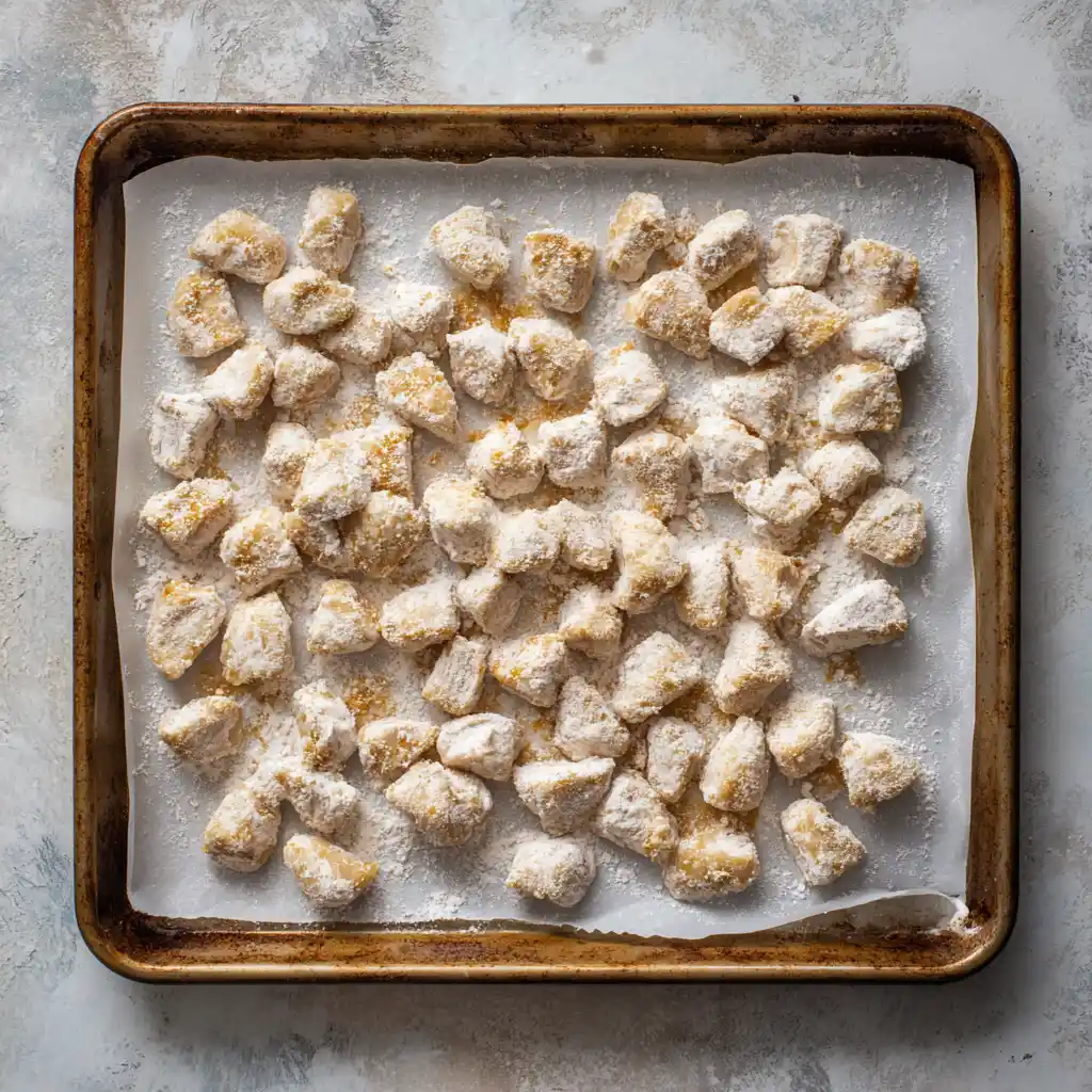 Baking sheet lined with parchment and coated chicken cubes ready for oven