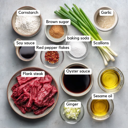 Overhead flat lay of all ingredients measured in bowls and labeled for cooking reference