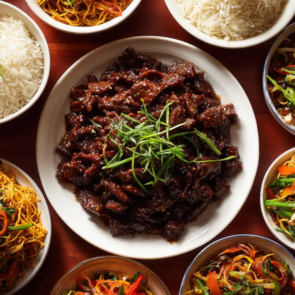 Overhead view of Mongolian beef surrounded by bowls of rice, noodles, and vegetables for family-style serving