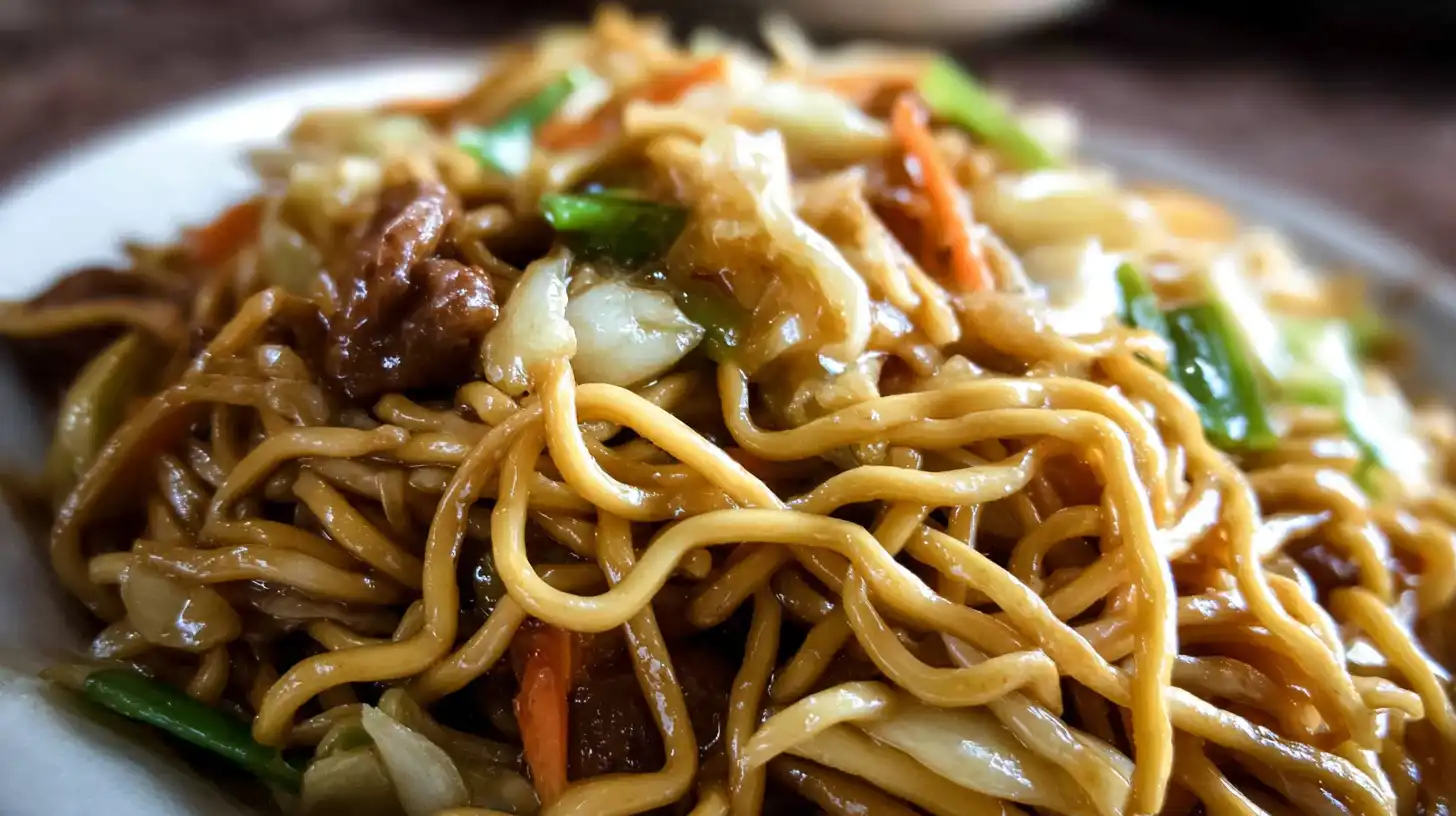 Close-up of Panda Express-style chow mein noodles with cabbage, carrots, and savory sauce