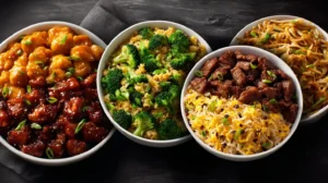 Overhead view of Panda Express copycat dishes including Orange Chicken, Chow Mein, and Fried Rice