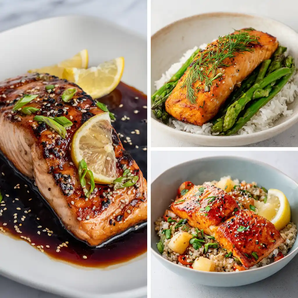 Pan-seared teriyaki salmon, baked lemon garlic salmon, sesame ginger bowl.