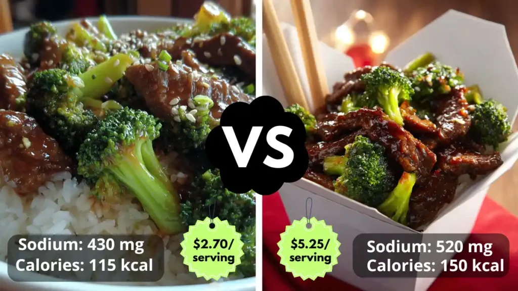 Infographic comparing Panda Express broccoli beef to the homemade version, showing differences in calories, sodium, and cost per serving