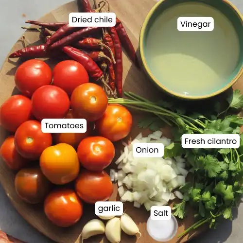 Flat-lay of salsa roja ingredients: tomatoes, dried chile de árbol, onion, garlic, cilantro, and vinegar on a rustic cutting board.