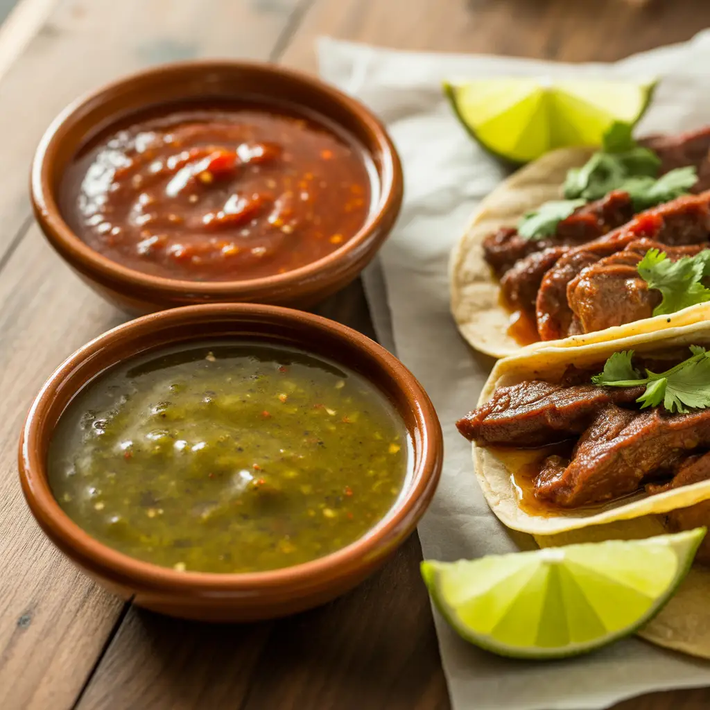 Side-by-side bowls of salsa roja and salsa verde with carne asada tacos, lime wedges, and cilantro on a rustic table.